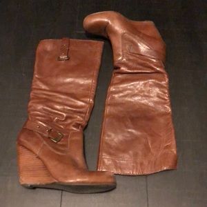 Brown faux leather guess wedges